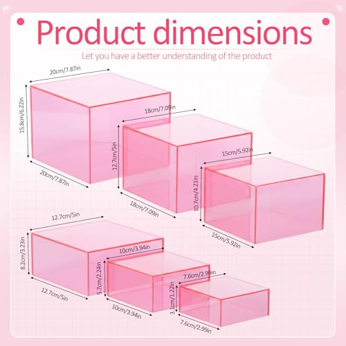 Geelin 6 Pack Acrylic Risers for Display Acrylic Cube Boxes Risers Display Stands with Hollow Bottoms Decorative Stand for Jewelry Candy Table Decor 6 Sizes(Clear Pink,3 to 8 Inch,Square) - color: Clear Pink, size: 3 to 8 Inch, style: Square