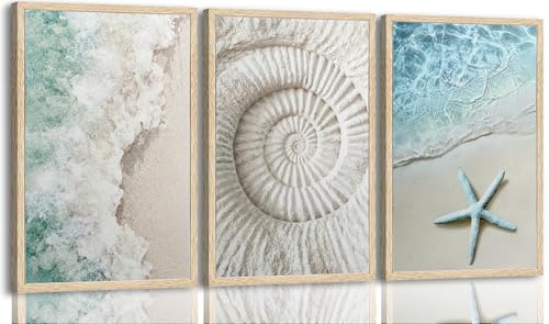 Set of 3 Coastal Beach Wall Art, Teal Ocean Wave Ammonite Fossil Starfish Canvas Poster Prints, Minimalist Nautical Wall Decor for Bathroom Bedroom Living Room Unframed - color: Gift of the Sea, size: 24"L x 16"W