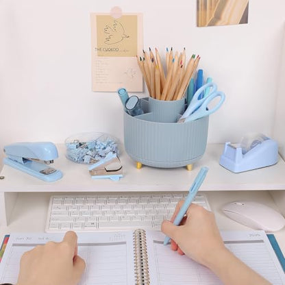 SKYDUE Desk Organizers and Accessories 10Pcs, 360-Degree Rotating Pen Holder, Stapler, Staple Remover, Tape Dispenser,2pcs Tape Refills, Binder Paper Clips Kit, Scissor (Blue) - color: Blue
