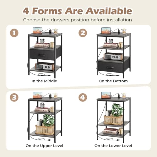 SUPERJARE Night Stand with Charger Station, 27.7 Inch Tall Nightstand with Adjustable Fabric Drawer, Bed Side Table, Fabric Drawer Dresser for Bedroom, Living Room, Charcoal Gray and Black - color: Charcoal Gray and Black, size: L (15.7"D x 17.7"W x 27.7"