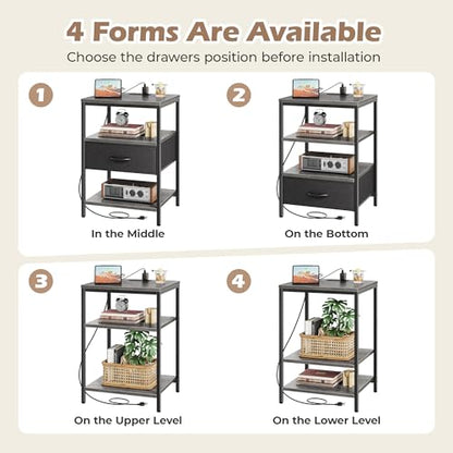 SUPERJARE Night Stand with Charger Station, 27.7 Inch Tall Nightstand with Adjustable Fabric Drawer, Bed Side Table, Fabric Drawer Dresser for Bedroom, Living Room, Charcoal Gray and Black - color: Charcoal Gray and Black, size: L (15.7"D x 17.7"W x 27.7"