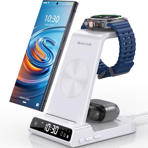 Wireless Charger for Samsung Charging Station: 3 in 1 Android Charging Stand with Dimmable Clock - Nightstand Organizer for Galaxy S25 Ultra, Galaxy Watch 8 7 6 5 4, Galaxy Buds (Not for iWatch) - color: White
