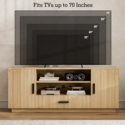 LCRBOL TV Stand for up to 70" TV, Mid-Century Entertainment Center, Natural | 63"W x 15.4"D x 25"H, 2 fluted cabinets, 1 drawer & open shelves, top holds 200 lbs, cable management, ~90 min assembly - color: Beige