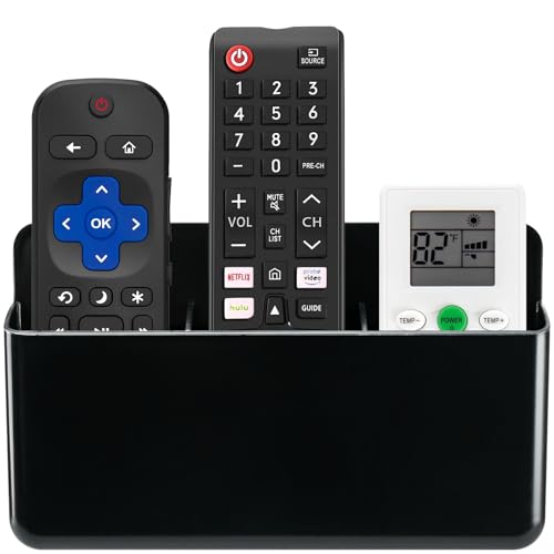 3 Slot Adjustable Remote Control Holder Wall Mount, TV Remote Box Hollow Bottom Slot Easy Phone Charging, Self Adhesive Remote Holder,Wall Pen Holder Storage Accessories for Home Office School (Black) - color: Black
