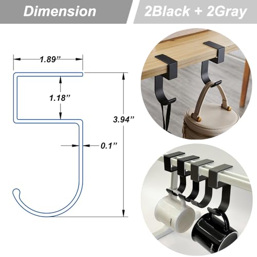 4Pcs Students' Desk Hook Nail Free Clamp-On Under Desk Schoolbag Hook Women's Bag Handbag Headphone Hanger Backpack Hook and Purse Holder - Suitable for under 3cm/1.18 inch Thick Plate（2Gray+2Black) - style: 5 type hook