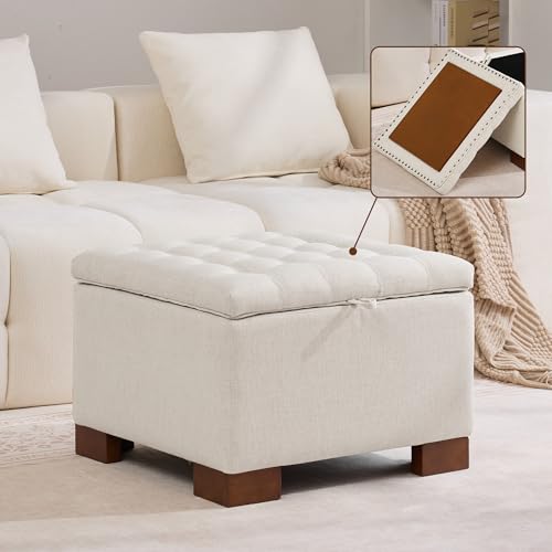WUTUTUEE 24" Square Fabric Storage Ottoman with Wooden Tray Top, Modern Tufted Button Upholstered Footstool Coffee Table, Multifunctional Small Storage Ottoman for Living Room Bedroom, Beige - color: Beige, size: 24 Inch