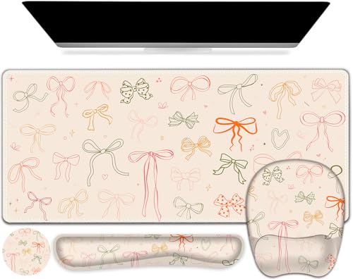 Apricot Mouse Pad with Wrist Support 4 in1 Set, XXL Big Game Mousepad + Keyboard Wrist Rest + Mouse Wrist Rest Pad +Coaster Gaming Mat for Home Office Work Computer I Colorful Cute Girl's Bow - color: Colorful Cute Girl's Bow
