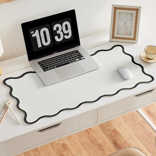 Black White Scalloped Desk Mat, 31.5" x 15.7", PU Leather, Waterproof Anti-Slip, Cute Aesthetic Desk Pad for Office/Home/Game - color: Black