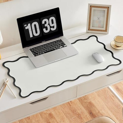 Black White Scalloped Desk Mat, 31.5" x 15.7", PU Leather, Waterproof Anti-Slip, Cute Aesthetic Desk Pad for Office/Home/Game - color: Black