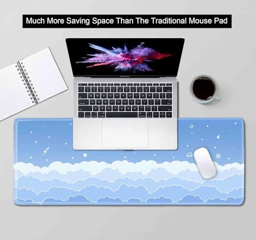 Cute Pastel Blue Desk Mat, Minimalist Large Gaming Mouse Pad Mousepad for Laplop, Kawaii Anime Desk Pad, Gradient White Clouds Computer Pads, Aesthetic Stars Moon Deskpad, 31.5 X 11.8 Inch - color: Gradient Clouds