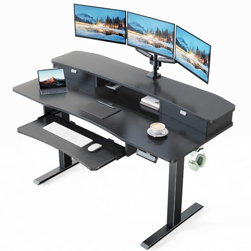 HUANUO 55" x 26" Electric Standing Desk with 2 Drawers & 26.7" Large Keyboard Tray, C-Clamp Mount Compatible, Adjustable Computer Desk for Home Office, Stand Up Desk with 4 Height Presets, Black - color: Black, size: 55" x 26"