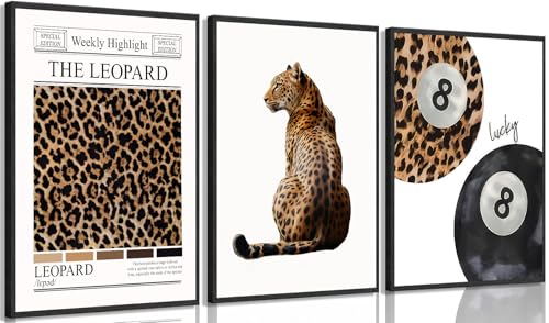 Set of 3 Trendy Leopard Canvas Wall Art Funky Lucky 8 Ball Posters Prints Preppy Room Aesthetic Cheetah Wall Decor Paintings Pictures for Girls Bedroom Apartment Dorm 12x16in Unframed