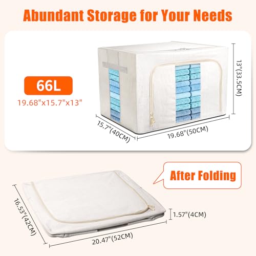 Foldable Clothes Storage Bins with Solid core powder-coated steel fram, 24/ 66L Storage Bags Fabric Box Organizer with Clear Window Zippers Sturdy Handles 2 Pack (Beige, 66L 2Pack) - size: 66L 2Pack