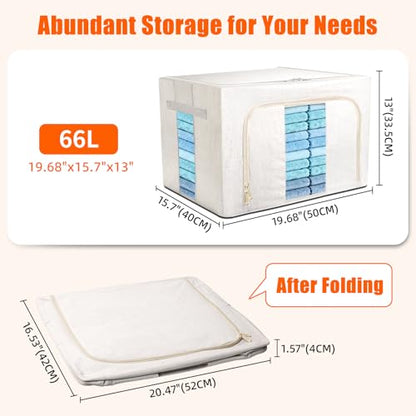 Foldable Clothes Storage Bins with Solid core powder-coated steel fram, 24/ 66L Storage Bags Fabric Box Organizer with Clear Window Zippers Sturdy Handles 2 Pack (Beige, 66L 1Pack) - size: 66L 1Pack