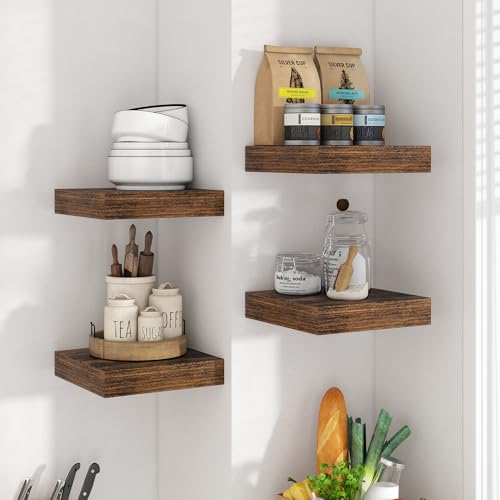 Axeman Square Floating Shelves for Wall, 8" W x 8" D x 1.4" H Rustic Wooden Wall Shelves, 4 Pack Wall Mounted Floating Shelf with Invisible Brackets for Living Room, Bathroom, Kitchen, Rustic Brown - color: Rustic Brown, size: 8 Inch, Set of 4