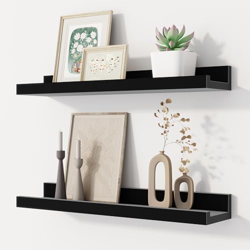 Fun Memories Floating Picture Ledge Shelves Set of 2, 16 Inch Solid Wood Wall Shelves with Lip, Large Nursery Book Shelf for Toys Storage, Kids Bookshelf, Living Room, Bedroom Decor Frames, Black - color: Picture Ledge Shelves,black, size: 16in