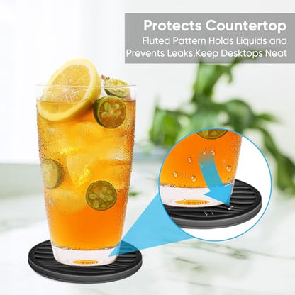 6 Pack Rubber Drink Coasters with Holder, Black Silicone Cups Mat Non-Slip | Coasters for Drinks Non-Stick Outdoor Plastic Coasters Set Thickened Hot- Cold Drink Fits Any Cups Table Rubber Glass Coaster - color: Pure Black-plastic Holder