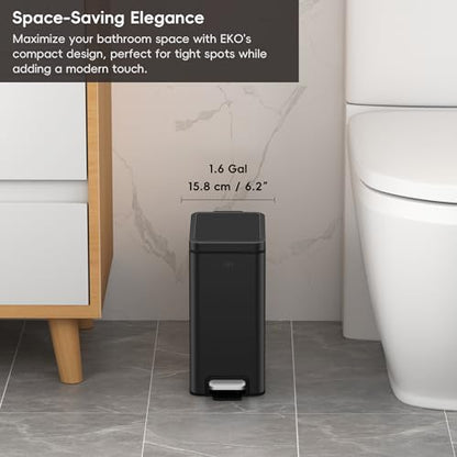 EKO Small Bathroom Trash Can with Lid Soft Close, Step Pedal, 6 Liter / 1.6 Gallon Stainless Steel Garbage Can with Removable Inner Bucket, Anti-Fingerprint Finish (Matte Black) - color: Matte Black, size: 6L