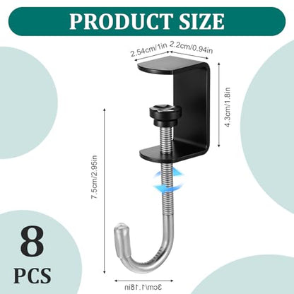 cobee Clamp-On Under Desk Hooks, Desk Mount Hanging Bag Holder Metal Hook Adjustable Headphones Clamp Organizer Portable Purse Hanger Clip Reduce Desk Clutter Table Desk Under Counter (8 Pcs, Black) - color: 8 Pcs, Black