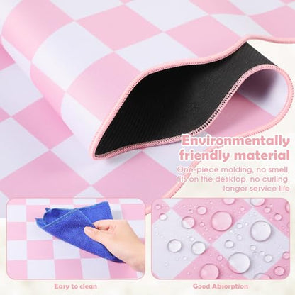 Copkim 1 Pcs Pink Scalloped Checkered Desk Mat 31.5 x 11.8 Inch Large Cute Mouse Pad Computer Mat Non Slip Waterproof Rubber Base with Border Stitching Soft Keyboard Pad for Home Office Gaming Makeup - color: Pink, style: Checkered