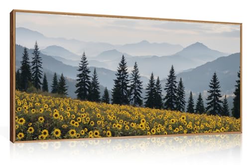 HPNIUB Large Boho Mountain Sunflowers Framed Canvas Wall Art Set, Nature Pine Tree Landscape Wall Decor, Misty Forest Art Print, Rustic Wildflower Painting Artwork for Living Room, Bedroom,Office -20''x40'' - color: Boho Sunflowers Landscape Wall Art, siz