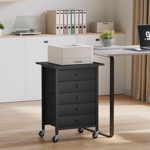 MAHANCRIS 5 Drawer File Cabinet,Rolling Filing Chest Cabinet with Wheels, Under Desk Storage Organizer, Printer Stand with Non-Woven Fabric Drawer, for Home Office, Study, Black FCBK4801 - color: Black