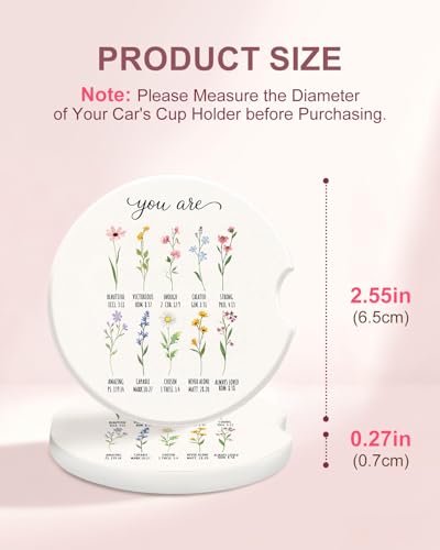 Swooflia Car Coasters for Women - Flower and Letter Ceramic Car Cupholder Coaster Absorbent Mat Coaster with Cork Base 2 Pack 2.55 inch Automotive Cup Holder Accessories New Driver Gifts for Decor - color: Flower & Letter