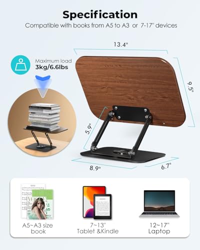 Viozon Book Stand for Reading,Book Holder, Height&Angle Adjustable, 360° Rotating Base, Foldable and Portable, Lightweight for Office, Kitchen, School Textbook, Recipe, Magazine,Kindle,Tablet DW - color: Dark Wood