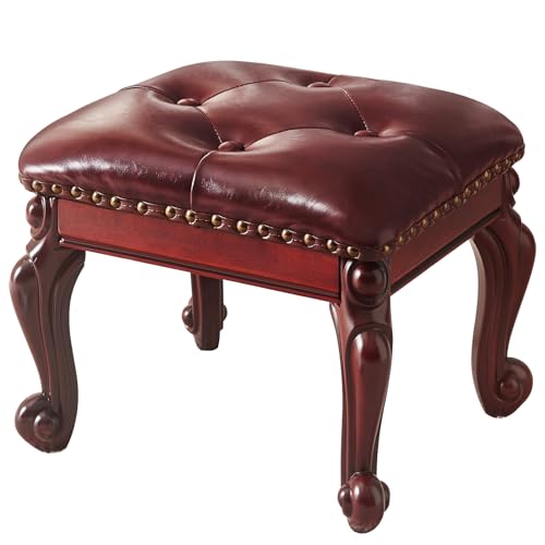 Ottoman Foot Rest, Small Leather Footstool, Vintage Living Room Ottoman, Solid Wooden Shoe Stool, Dark Brown - color: Dark Brown