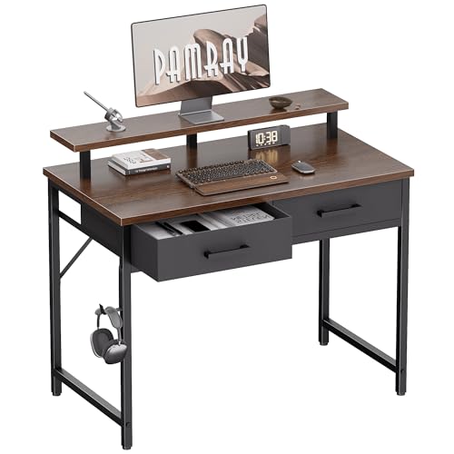 Pamray 32 Inch Small Computer Desk with Monitor Stand Home Office Desks with 2 Drawers for Bedroom Study Writing and Work Table for Small Spaces Brown - color: Brown