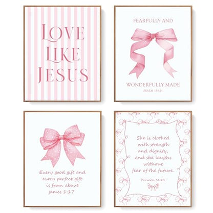 LARTSFRO Coquette Pink Bow Jesus Wall Art Decor Posters, Light Pink Bow Christian Room Bedroom Bathroom Dorm Wall Art Decor Aesthetic for College Teen Girls Gifts, Inspirational Bible Verses Bow Wall Decor, 10x8 Inch Set of 4 Bow Pictures (UNFRAMED) - col