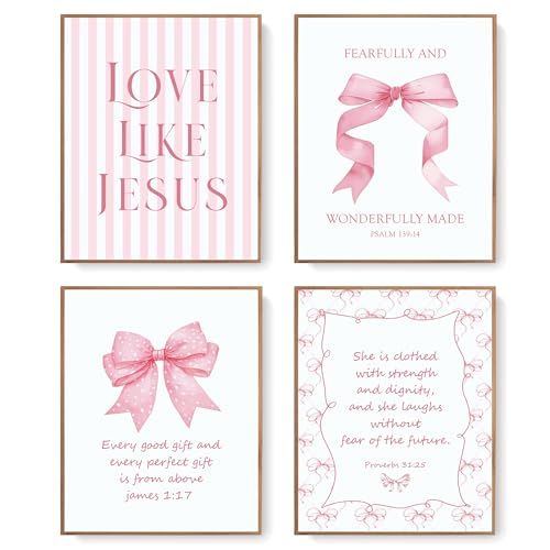 LARTSFRO Coquette Pink Bow Jesus Wall Art Decor Posters, Light Pink Bow Christian Room Bedroom Bathroom Dorm Wall Art Decor Aesthetic for College Teen Girls Gifts, Inspirational Bible Verses Bow Wall Decor, 10x8 Inch Set of 4 Bow Pictures (UNFRAMED) - col