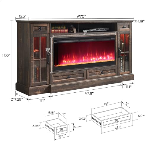 RedLemon Farmhouse Fireplace TV Stand for 80 Inch TV, 36" Tall Entertainment Center with 42" Crystal Eletric Fireplace, Modern Media Console Table with LED Lights for Living Room, Dark Rustic Oak - color: Dark Rustic Oak