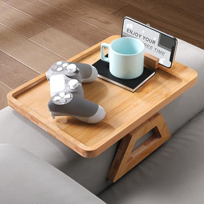 Couch Arm Tray with 360°Phone,Bamboo Folding Sofa Tray,Sofa Armrest Trays Clip-On Couch Desk for Drinks,Snacks,Phone,Remote Control（Natural） - color: Natural, style: 13.0" x 9.4"Phone Holder