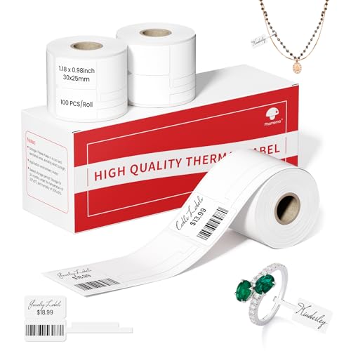 Phomemo Labels,Jewelry Price Tags - Self-Adhesive Sticker Labels Compatible with Phomemo M100/M110/M220 Label Printer,M110 Thermal Label for Cabel, 1.18 x 0.98 Inch (30x25mm+45mm),100PCS x 3 Roll - size: 1.18'' x 0.98'', style: 3 Rolls