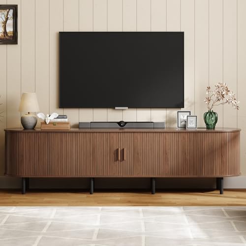 ONBRILL 86.6" TV Stand with Power Outlet for TVs up to 90 Inch, Entertainment Center with Storage and Adjustable Shelves, Modern Media Console with Sliding Doors for Living Room, Walnut - color: Walnut, size: 86.6 Inch