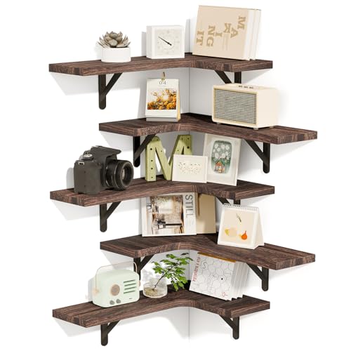 Fixwal Floating Shelves for Wall Set of 5, Rustic Wood Wall Mounted Corner Shelf for Bathroom, Kitchen, Bedroom, Home Decor, Laundry Room, Living Room (Walnut Brown) - color: 6-walnut Brown