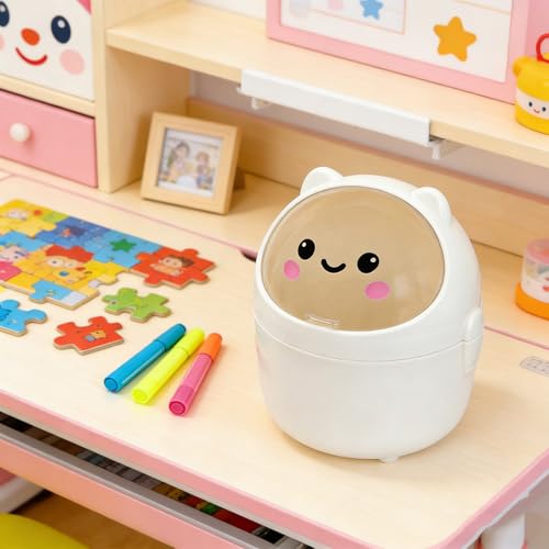 Mini Trash Can, Cute Small Trash Can with Lid, Desktop Paper Bin with 5 Rolls of Bin Liners, Portable Tabletop Dustbin, Cartoon Animal Rubbish Storage for Office Bedroom Desk Kitchen (White) - color: White