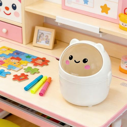 Mini Trash Can, Cute Small Trash Can with Lid, Desktop Paper Bin with 5 Rolls of Bin Liners, Portable Tabletop Dustbin, Cartoon Animal Rubbish Storage for Office Bedroom Desk Kitchen (White) - color: White
