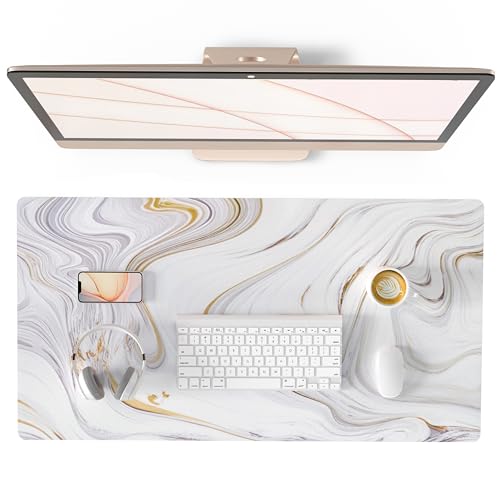 QIYI White Mouse Pad, Cute Marble Large Desk Mat, PU Leather Desk Protector Mousepad, Gold Grey Striped Waterproof Computer Keyboard Gaming Mouse Pads, Non Slip Extended Writing Pad 31.5" x 15.7" - color: Luxury Marble Ink, size: 31.5" x 15.7"