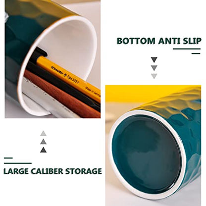 WHJY Ceramic Green Pencil Cup, Makeup brushes Holder, Gold Pen Holder for Desk Cute Small Boho Brush Holder, Modern Geometry Design Pen Holder - color: Green