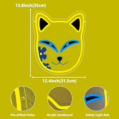 Anime Neon Sign, Fox Face Led Neon Light Signs for Wall Decor Japanese Light up Sign for Bedroom Game Room Party Decoration Birthday Gift for Girl Christmas Dimmable USB Powered(13.8"*12.4") - style: MASK YELLOW