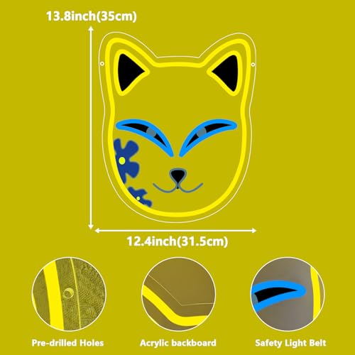 Anime Neon Sign, Fox Face Led Neon Light Signs for Wall Decor Japanese Light up Sign for Bedroom Game Room Party Decoration Birthday Gift for Girl Christmas Dimmable USB Powered(13.8"*12.4") - style: MASK YELLOW