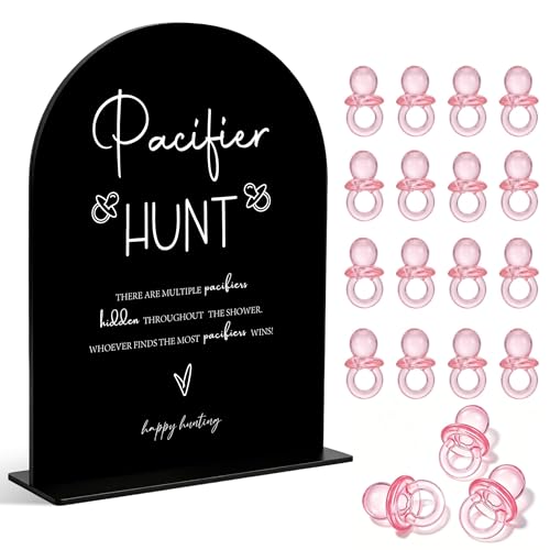 Pacifier Hunt Sign for Baby Shower Games, Baby Shower Table Decorations, Gender Reveal Party Table Top Decorations, Newborn Announcement Party Favors, Black Arch Acrylic Sign and 50 Pcs Pacifiers, 38 - color: Pacifier Hunt01
