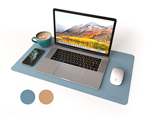 RENMTURE Dual-Sided Mouse Pad, Natural Cork & PU Leather Large Desk Pad for Office and Home Work, Desk Protector Non-Slip, Waterproof, Easy Clean (Blue Gray, 23.6" x 13.7") - color: Blue Gray, size: 23.6"x13.7"