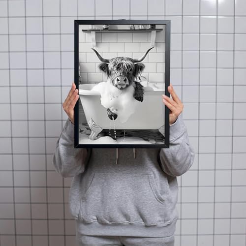 Highland Cow Bathroom Wall Art, Cute Black and White Animal Wall Decor Painting, Highland Cow in Bathtub Farmhouse Canvas Print Picture, Funny Bathroom Restroom Decor 12x16 Inch Wood Framed - color: Black and White Animation-B, size: 16"L x 12"W
