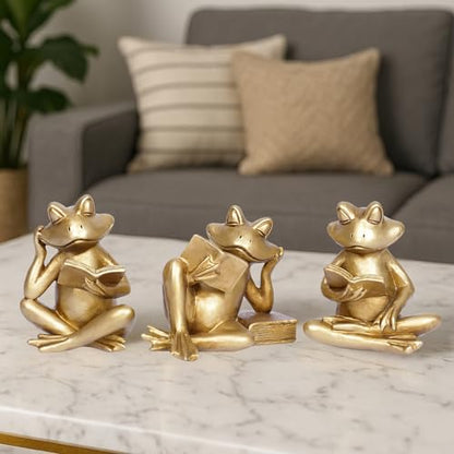 Gold Frog Figurines Set of 3 Funny Frog Gifts for Women Cute Reading Sculptures Stuff Golden Animal Statue for Book Lovers Home Decor Office Shelves Desk Living Room Table Bookshelf Literary Ornaments