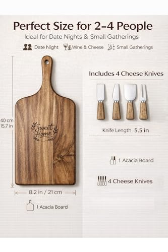 100% Acacia Wood Charcuterie Board Gift Set with Handle & 4 Cheese Knives | Natural Wood Grain | Smooth Polished Finish | Charcuterie & Cheese Board |Hosting & Everyday Serving |Premium Gift Box - size: 15.7