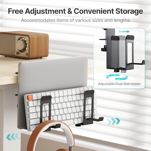 PEGZONE Laptop Stand Vertical, 2-Slot Under Desk Laptop Holder, Black | Desk Side Storage with Headphone Holder, Laptop Organizer for Office Gaming - color: Black
