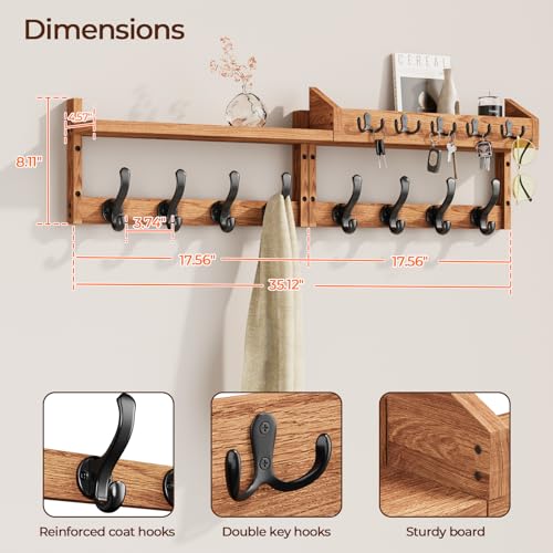 Evermagin 35" Coat Rack Wall Mount with Shelf, 4 in 1 Wall Mounted Coat and Key Hanger with 13 Hooks, Entryway Key Holder with Mail Holder for Living Room, Bedroom - color: Brown, size: 35 inch